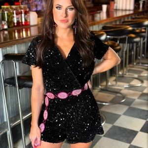 COPY - Southern fried chics black sequin v neck romper
